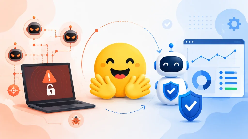 Hugging-Face-Confirms-AI-Driven-Breach-1024×576 A laptop with a warning sign and viruses contrasts with a happy emoji, a friendly robot, and security shields, symbolizing cybersecurity protection against digital threats.