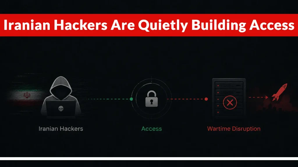 A graphic shows Iranian Hackers Are Quietly Building Access with icons for hackers, a padlock for access, and a server with a missile labeled Wartime Disruption.
