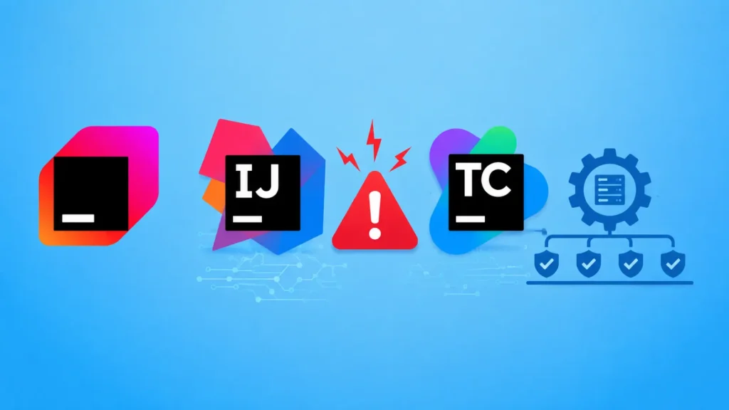 JetBrains-Fixes-Critical-IntelliJ-IDEA-Code-Execution-Flaw-and-Four-TeamCity-Vulnerabilities–1024×576 Four JetBrains product logos with a red warning symbol in the center, set against a blue background with abstract tech and workflow icons.