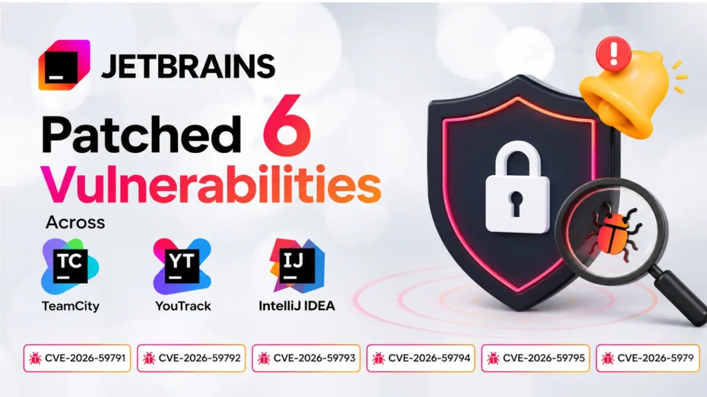 JetBrains-Patched-6-Vulnerabilities-Across-TeamCity-YouTrack-and-IntelliJ-IDEA-1-1024×576 JetBrains patched 6 vulnerabilities in TeamCity, YouTrack, and IntelliJ IDEA. The image shows a shield with a lock, a magnifying glass with a bug, and icons for each affected product.