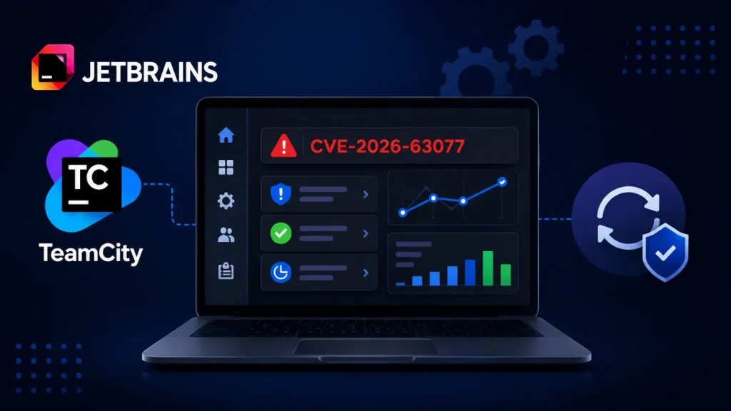 A laptop screen displays a security alert, charts, and icons. JetBrains and TeamCity logos are to the left, with sync and shield icons on the right, all set against a dark tech-themed background.