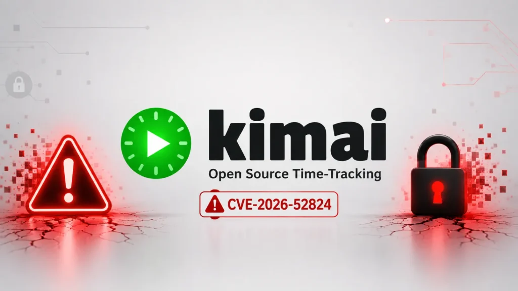 Kimai-Docker-Flaw-1024×576 Kimai logo with “Open Source Time-Tracking.” Warning sign and padlock with a red alert: “CVE-2026-52824,” suggesting a security vulnerability issue.