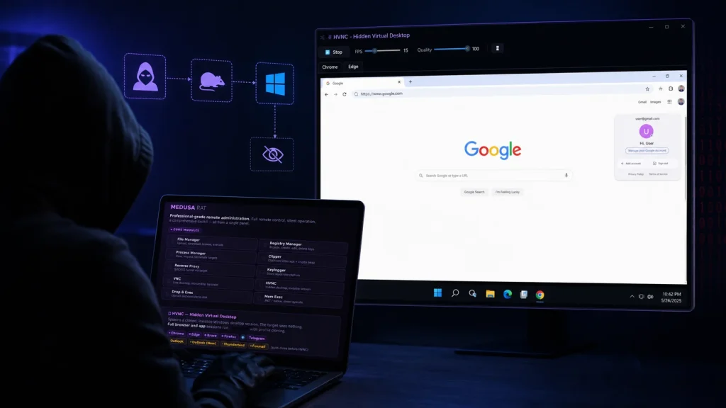 A person in a hoodie uses a laptop with code on screen, facing a large monitor displaying Google’s homepage, suggesting hacking or cyber activity in a dark room.