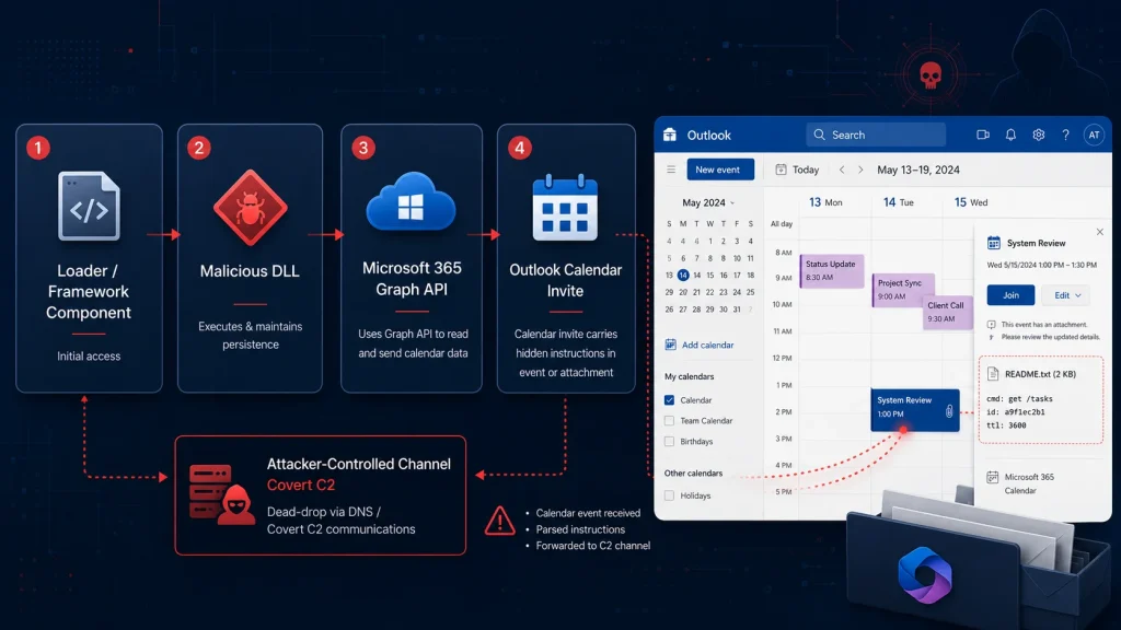 A diagram shows a cyber attack flow: loader, malicious DLL, Microsoft Graph API, Outlook calendar invites, leading to a compromised Outlook calendar. An attacker-controlled channel for covert communication is highlighted.