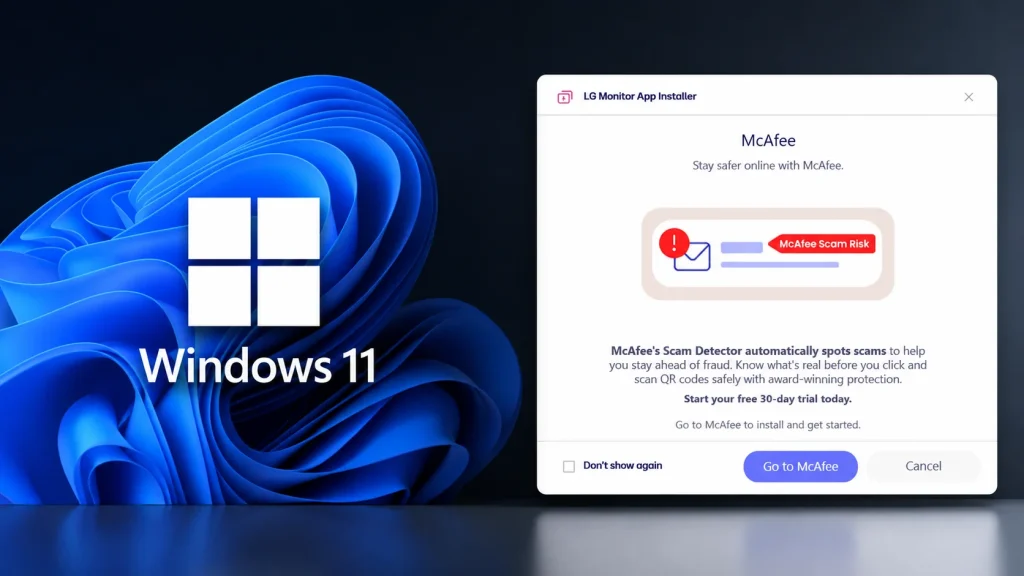 Microsoft-Confirms-No-Bloatware-Ads-Windows-11-New-1024×576 A Windows 11 desktop shows a pop-up from the LG Monitor App Installer, warning about a McAfee Scam Risk email and offering a free 30-day trial of McAfee. Options include Go to McAfee or dismissing the pop-up.