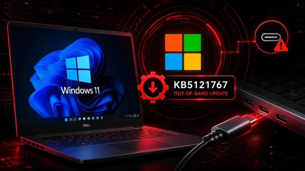 Microsoft-releases-KB5121767-Out-of-Band-Update-to-Fix-ell-USB-C-Compatibility-Bug-1-1024×576 A laptop with Windows 11 is shown beside a KB5121767 update alert and a USB-C warning symbol, indicating an urgent out-of-band update.