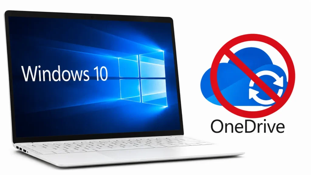 Microsoft-to-End-OneDrive-sync-app-updates-for-Windows-10-1-1024×576 A laptop displaying the Windows 10 logo is shown next to the OneDrive logo with a red prohibition symbol over it, indicating OneDrive is disabled or not allowed.