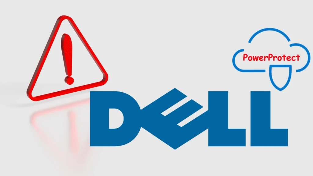 Multiple-Dell-PowerProtect-Vulnerabilites-Allow-Hackers-to-Gain-Full-System-Access-Remotely-1024×576 Dell logo in blue, a red warning sign with an exclamation mark, and a cloud icon labeled PowerProtect appear on a light background.