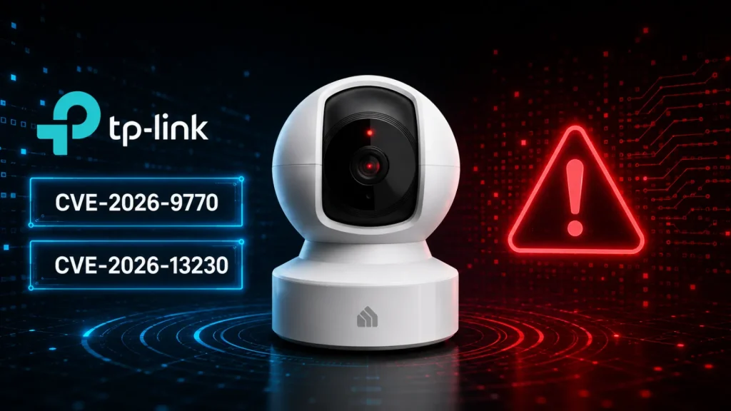Multiple-TP-Link-Cameras-Vulnerability-Attacks-1-1024×576 A TP-Link security camera is centered with warning icons and CVE-2026-9770, CVE-2026-13230 codes, highlighting security vulnerabilities. The background is black with blue and red digital patterns.