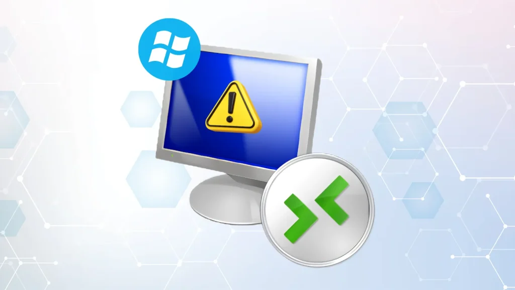 Multiple-Windows-Remote-Desktop-Protocol-Vulnerability-Allow-Attackers-to-Access-Sensitive-Data-1024×576 A computer monitor displays a yellow warning icon. Overlaying the image are two symbols: a blue Windows logo and a green Remote Desktop icon, all set against a light, geometric background.
