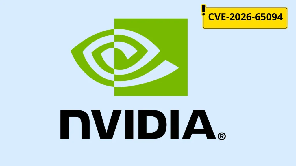 NVIDIA-BlueField-Vulnerability-Enables-Code-Execution-Attacks-1-1024×576 Nvidia logo on a light blue background with a yellow warning sign in the top right corner displaying CVE-2026-65094.