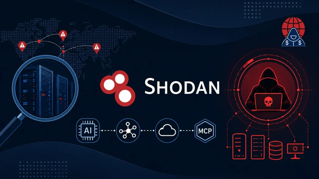 NadMesh-Uses-Shodan-1024×576 Dark graphic showing the Shodan logo, a hacker in a red hoodie, servers, and cybersecurity icons like AI, cloud, and alerts on a world map, representing cyber threats and network scanning.