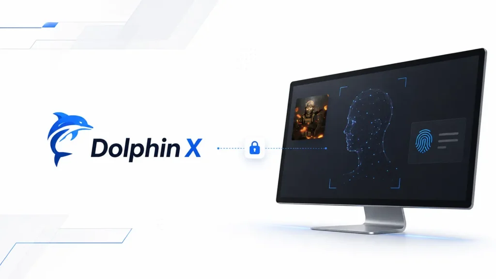 New-Dolphin-X-Malware-Steals-Credentials-From-300-Apps-and-Profiles-Victims-With-AI-1024×576 A computer monitor shows a digital face, fingerprint, and photo. To the left are a blue dolphin logo and the text Dolphin X with a padlock icon between the text and the monitor, suggesting security.