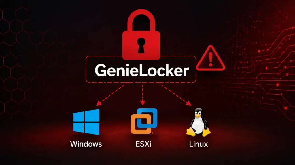 New-GenieLocker-ransomware-Attacks-Windows-ESXi-and-Linux-Instances-1024×576 A red lock icon and GenieLocker above Windows, ESXi, and Linux logos, with arrows pointing to each, suggesting targeting of these systems.