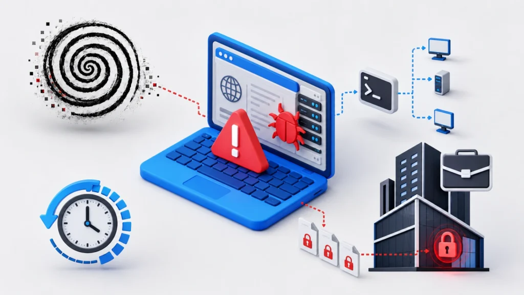 New-Spirals-Ransomware-1024×576 3D illustration of a laptop with a warning symbol and bug, connected to a swirl, clock, building, locked files, and networked computers, representing cybersecurity threats and data protection.