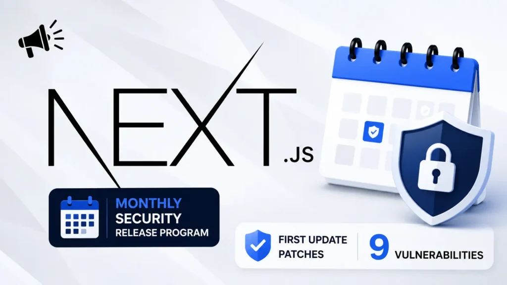 Next.js-Launches-Monthly-Security-Release-Program-as-First-Update-Patches-9-Vulnerabilities-1-1024×576 Graphic with “Next.js Monthly Security Release Program” text, a blue calendar, shield with a padlock, and a badge that says “First update patches 9 vulnerabilities.” The theme is security and updates.