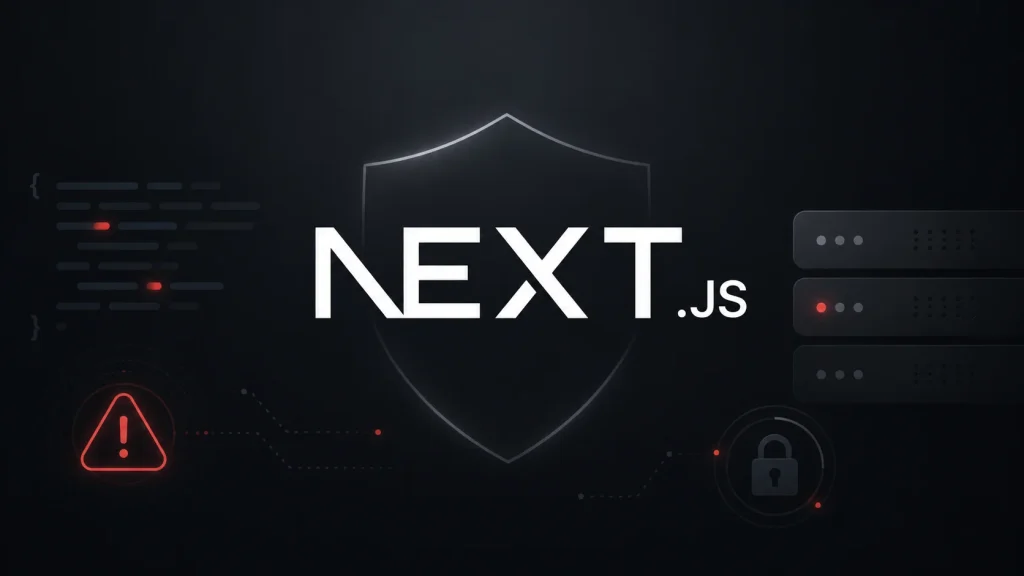 Dark-themed graphic featuring the text NEXT.JS in front of a shield, with subtle code, server, warning, and lock icons in the background, symbolizing security and technology.