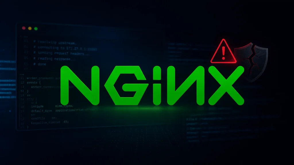 Nginx logo in bright green over a background of code, with a red warning triangle and a cracked shield symbolizing a security vulnerability or breach.