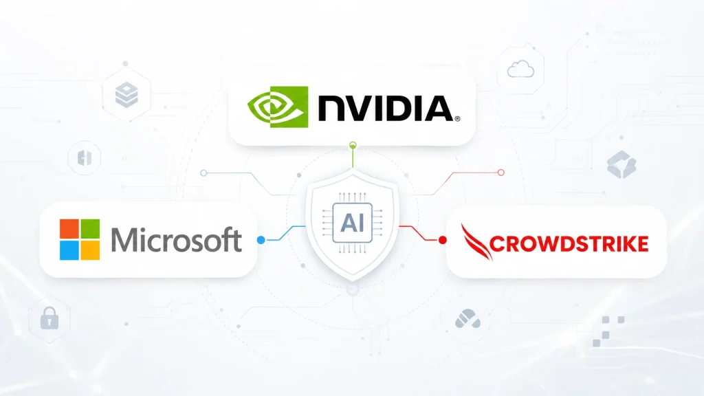 Logos of Nvidia, Microsoft, and CrowdStrike are connected by colored lines to a central AI icon, representing collaboration or integration among the three technology companies.