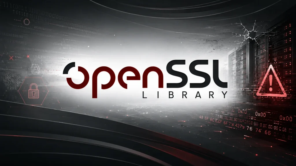OpenSSL-_HollowByte_-Vulnerability-1024×576 OpenSSL Library logo is centered on a dark, digital-themed background with red warning icons, binary code, a lock symbol, and a cracked glass effect.