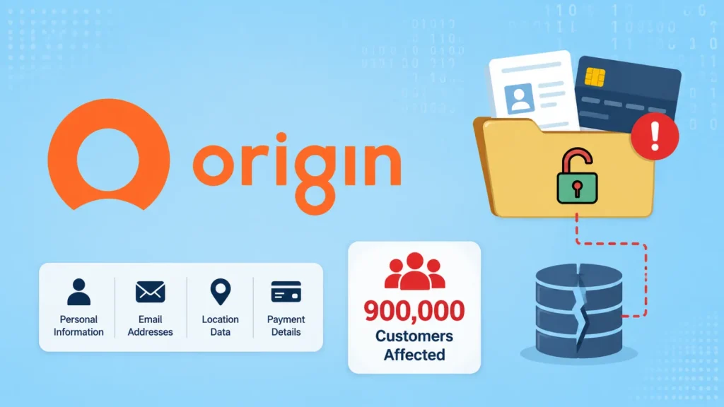 Origin logo, icons for personal data types, an open folder with ID and card, cracked database, and a warning message stating 900,000 customers affected.