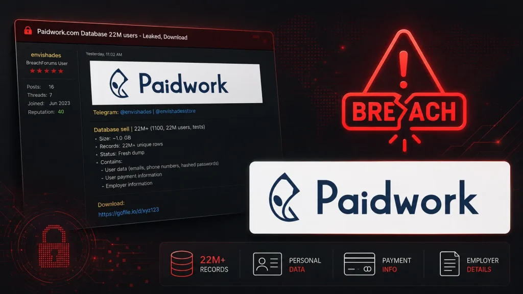 Paidwork-Data-Breach-1024×576 A graphic showing a Paidwork database breach; it highlights compromised records, personal data, payment info, and employer details. Paidwork logo and a red breach warning are prominent.