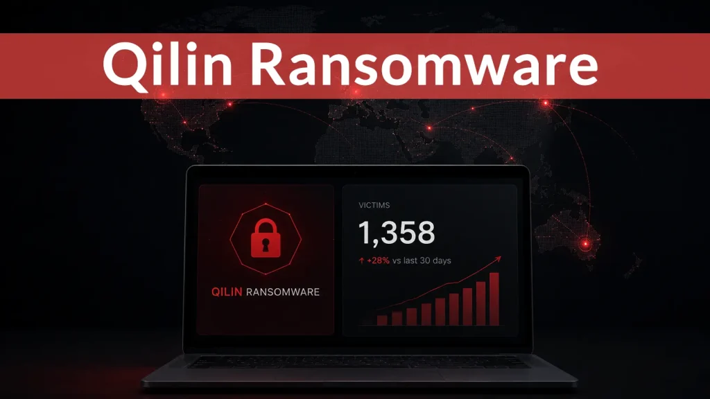 Qilin-Ransomware-Claims-1358-Victims-as-Global-Attacks-Reach-New-Record-1024×576 A laptop screen displays “Qilin Ransomware” with a lock icon, 1,358 victims, and a red upward graph. A world map with red connection points is in the background.