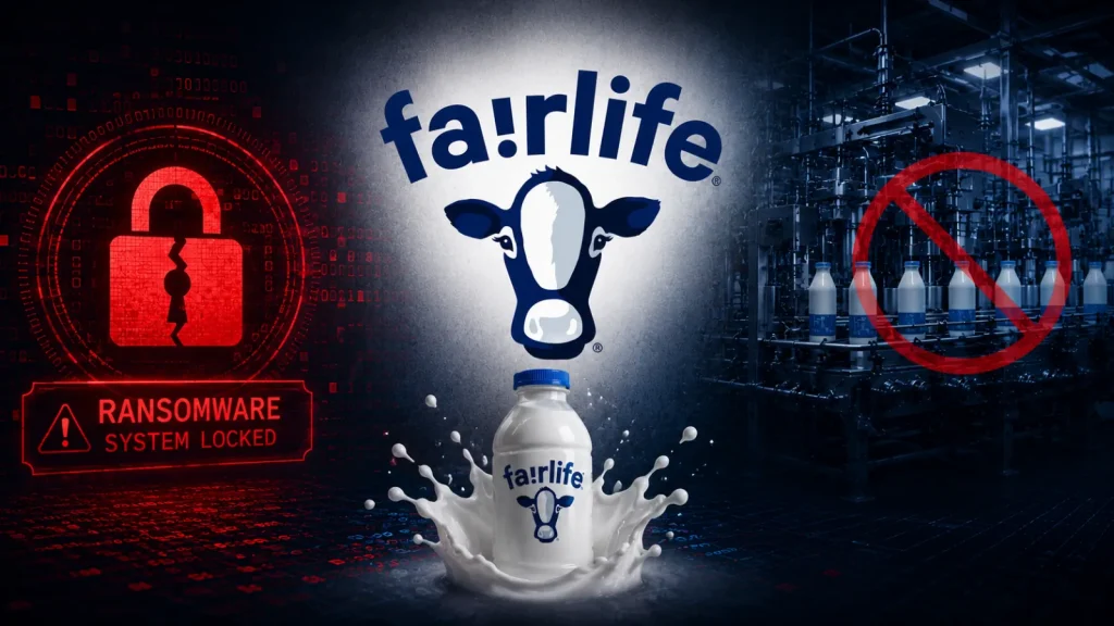 A Fairlife milk bottle with a cow logo is surrounded by digital lock icons, a red warning sign, and milk bottles with a prohibition symbol, symbolizing a ransomware cyberattack on the dairy company.