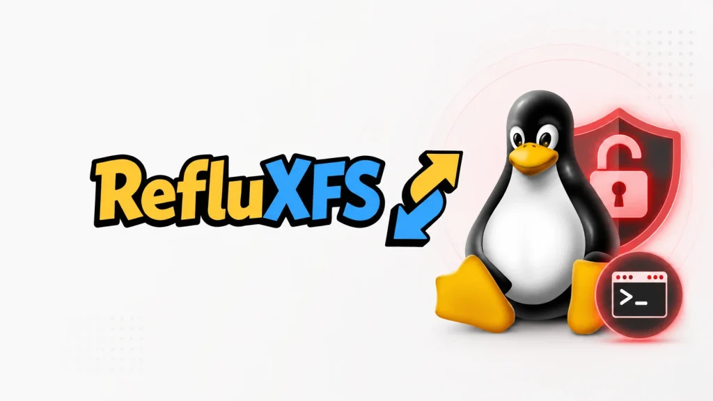 A cartoon penguin sits beside a red security shield with an open padlock and a command line icon. The text RefluXFS appears in bold with arrows, referencing Linux.