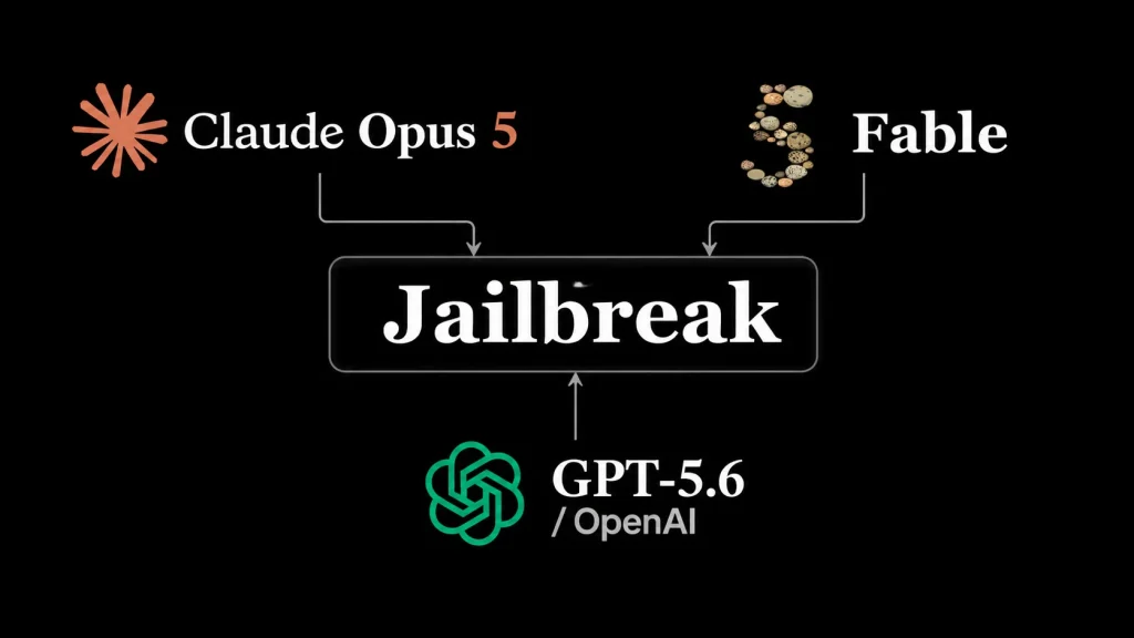 Researcher-Claims-Working-Jailbreak-1024×576 A flowchart showing “Claude Opus 5” and “Fable 5” connecting to “Jailbreak,” which then connects to “GPT-5.6 / OpenAI,” all on a black background.