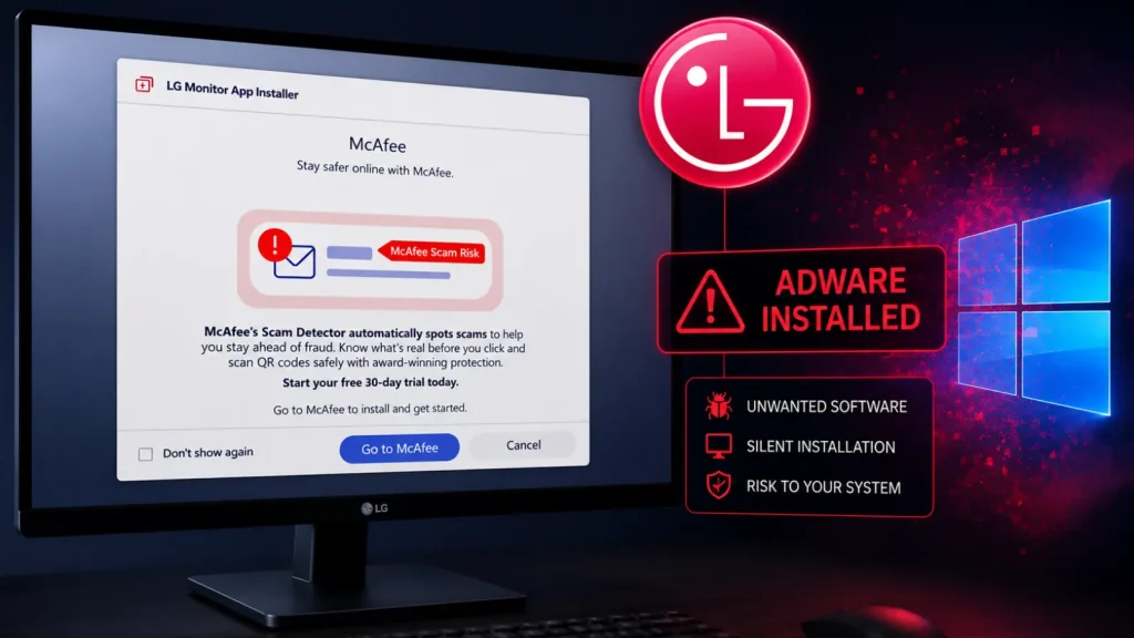 A monitor displays a McAfee scam warning. Beside it are graphics showing ADWARE INSTALLED with dangers listed: unwanted software, silent installation, and risk to your system. The LG and Windows logos are also visible.