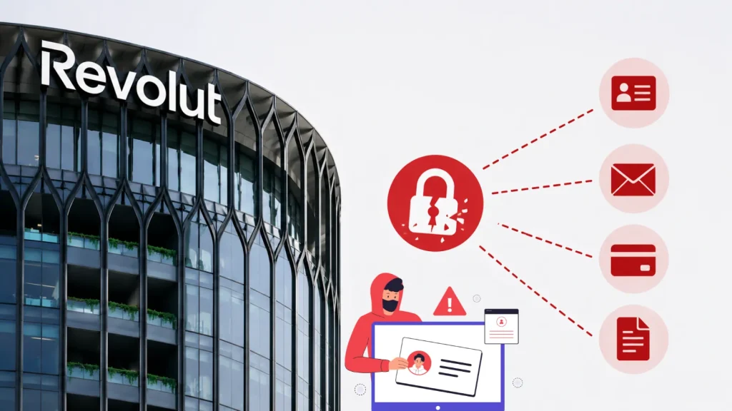 Revolut-Alleged-Data-Breach-Hackers-Claiming-to-have-more-than-75-million-users-2-1024×576 A Revolut building on the left, with icons of a lock, user, email, credit card, and document on the right, illustrating digital security and data protection themes.