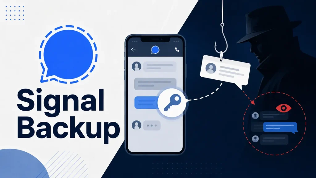 Russian-Intelligence-Hackers-Phish-Signal-Backup-Keys-to-Hijack-Accounts-and-Messages-1024×576 Illustration of a phone displaying chat messages with a Signal app logo, the text “Signal Backup,” and a shadowy figure phishing for messages, suggesting security risks in chat backups.