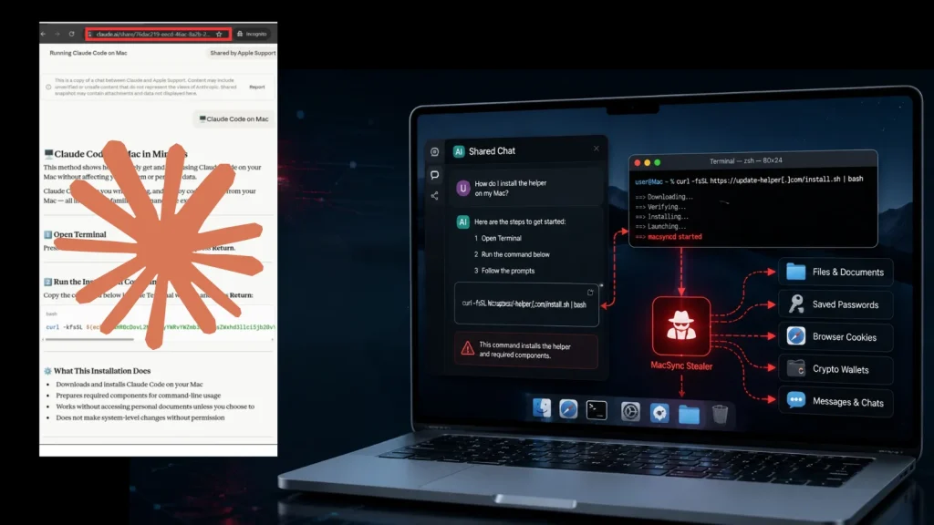 Shared-Claude-Chats-MacSync-Stealer-1024×576 A laptop screen displays a cybersecurity warning about a detected malware named MacStealer; next to it is a screenshot of a webpage partially covered by an orange scribble.