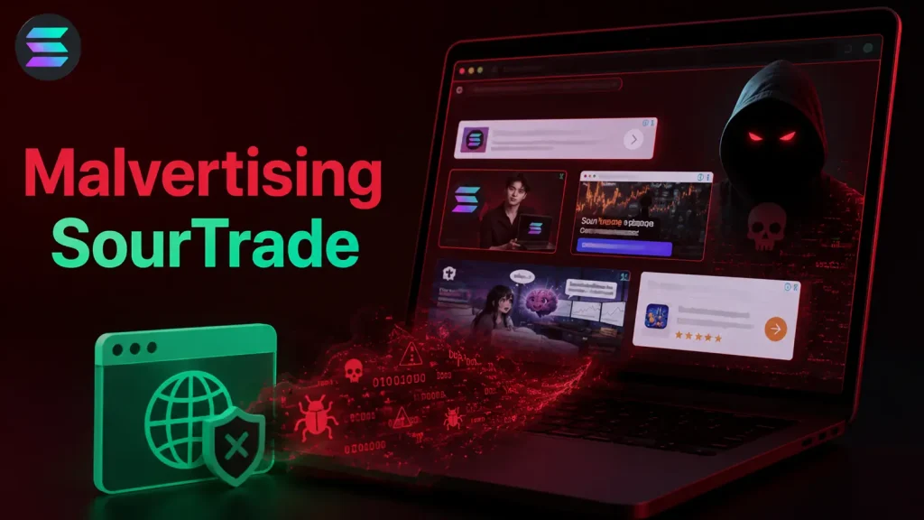 SourTrade-Malvertising-Builds-Unique-Malware-Inside-Victims-Browsers-to-Evade-Detection-1024×576 A hooded figure and digital skulls appear on a laptop screen displaying suspicious ads. The words “Malvertising SourTrade” are shown, with a glowing Solana logo and a warning icon next to a browser window.