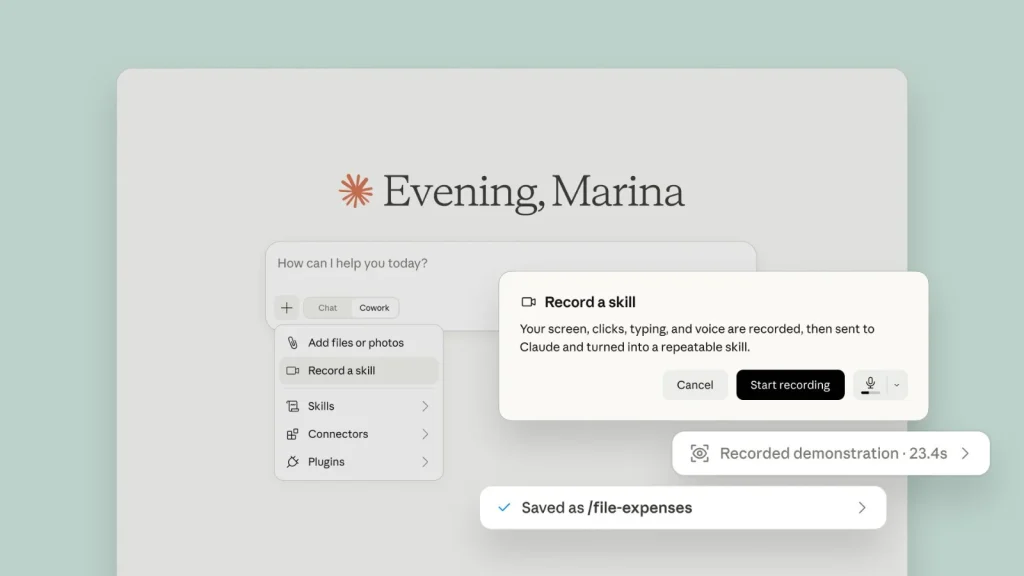 Teach-Claude-a-skill-1024×576 A computer interface displays a pop-up to Record a skill, showing options to start recording, cancel, and a notification that a demonstration was saved as /file-expenses with a 23.4-second recording time.