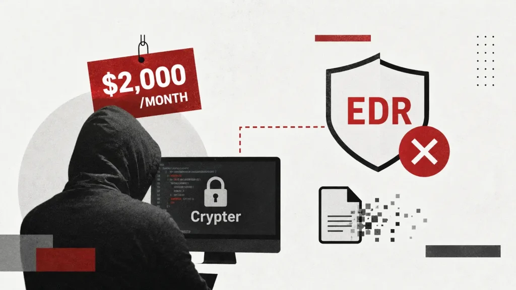 This-2000-a-Month-Crypter-Can-Kill-EDR-and-Make-Malware-Disappear-From-Disk-1024×576 A person in a hoodie faces a computer displaying Crypter and a lock. Text reads $2,000/month. A shield labeled EDR with an X and fragmented file icon appear on the right.