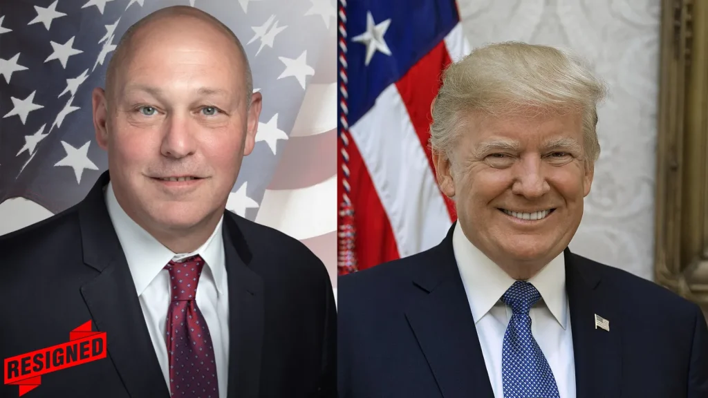 Trumps-AI-Safety-Chief-Quits-Just-Three-Months-After-Taking-Charge-1-1024×576 Split image: On the left, a bald man in a suit and red tie with an RESIGNED label, American flag background. On the right, a man with light hair in a suit, blue tie, and flag pin, standing before a U.S. flag.