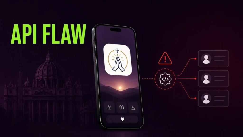 A smartphone displays a prayer app, with warning icons and user profile icons linked by dotted lines, illustrating an API flaw. The words “API Flaw” are in bold green on the left, with a church dome in the background.
