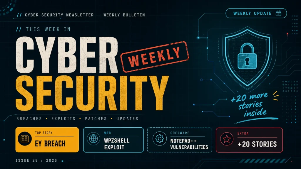 Weekly-Cyber-Security-Newsletter-Bulletin-1024×576 Digital graphic for a cybersecurity newsletter, highlighting breaches, exploits, patches, and updates. Includes a padlock icon, “20 more stories inside,” and features on EY breach, Wipzshell exploit, and software vulnerabilities.
