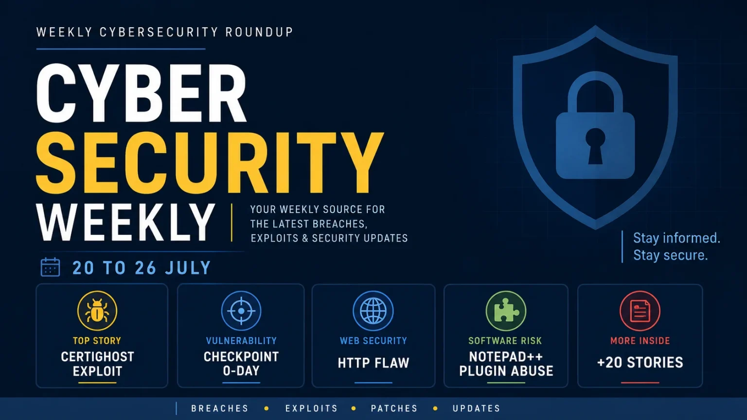 Weekly-Cyber-Security-Newsletter-July-1536×864 Cyber Security Weekly roundup graphic with shield and lock icon, highlighting topics like CERTIGOST exploit, Checkpoint 0-day, HTTP flaw, Notepad++ plugin abuse, and over 20 more stories for July 20-26.