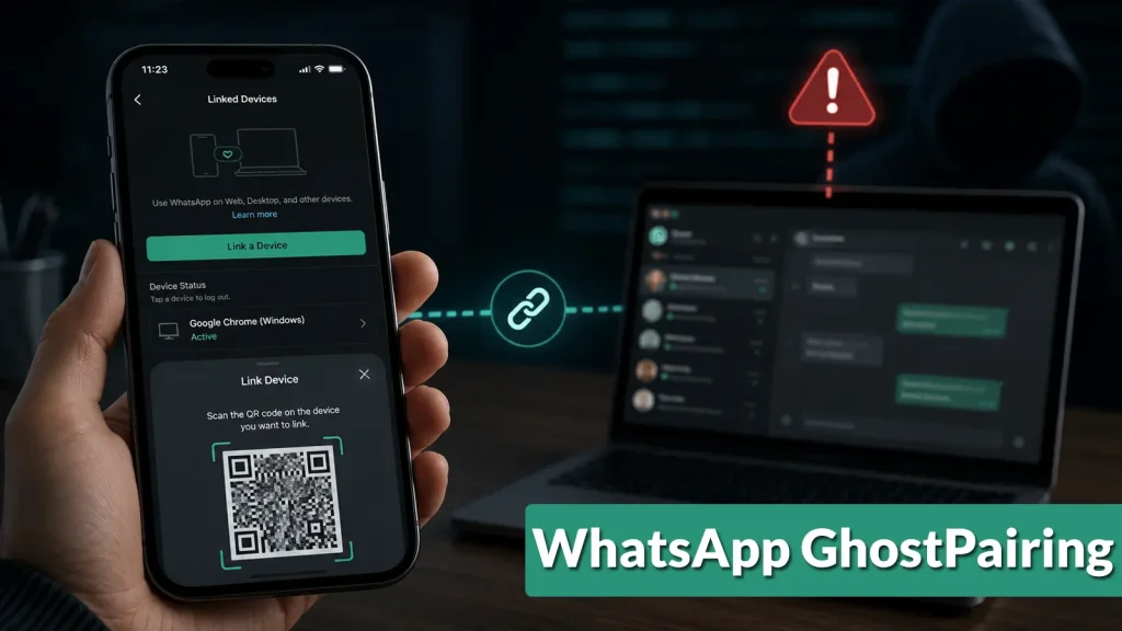 WhatsApp-GhostPairing-Lets-Scammers-Hijack-Accounts-Without-Stealing-Passwords-1024×576 A hand holds a phone displaying WhatsApp’s linked devices QR code; in the background, a laptop shows a warning icon. Text reads WhatsApp GhostPairing.