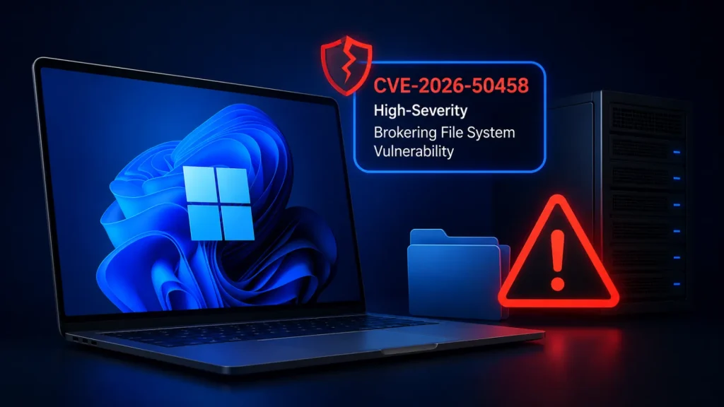 A laptop with a Windows logo, a folder icon, a warning sign, and a security alert displaying CVE-2026-50458 High-Severity Brokering File System Vulnerability next to a server.