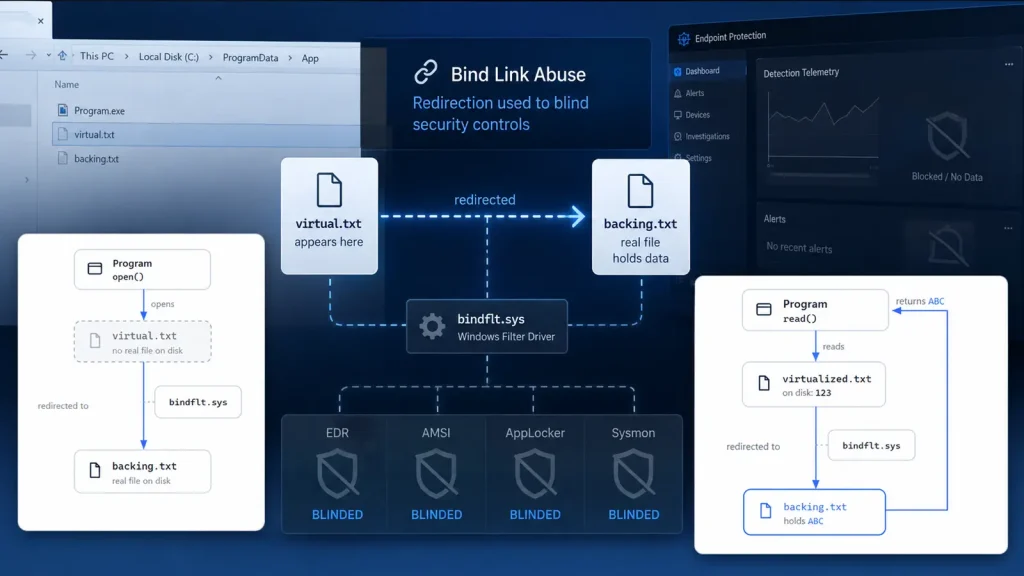 Windows-Bind-Link-Abuse-Lets-Attackers-Blind-EDR-and-Bypass-AMSI-AppLocker-and-Sysmon-1024×576 Diagram showing how Bind Link Abuse redirects file access between virtual.txt and backing.txt using bindflt.sys, blinding security controls, with process and file flow on both sides.