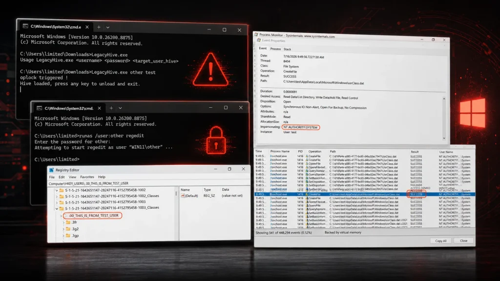 Windows-LegacyHive-0-Day-Vulnerability-1024×576 Three Windows command prompts and a Registry Editor window show commands and highlighted hash values. Red warning and lock graphics overlay a dark background with a faint Windows logo.