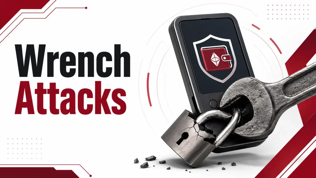 A wrench breaks a padlock on a digital wallet device with a shield and key icon. Large text reads Wrench Attacks on a white and red tech-themed background.