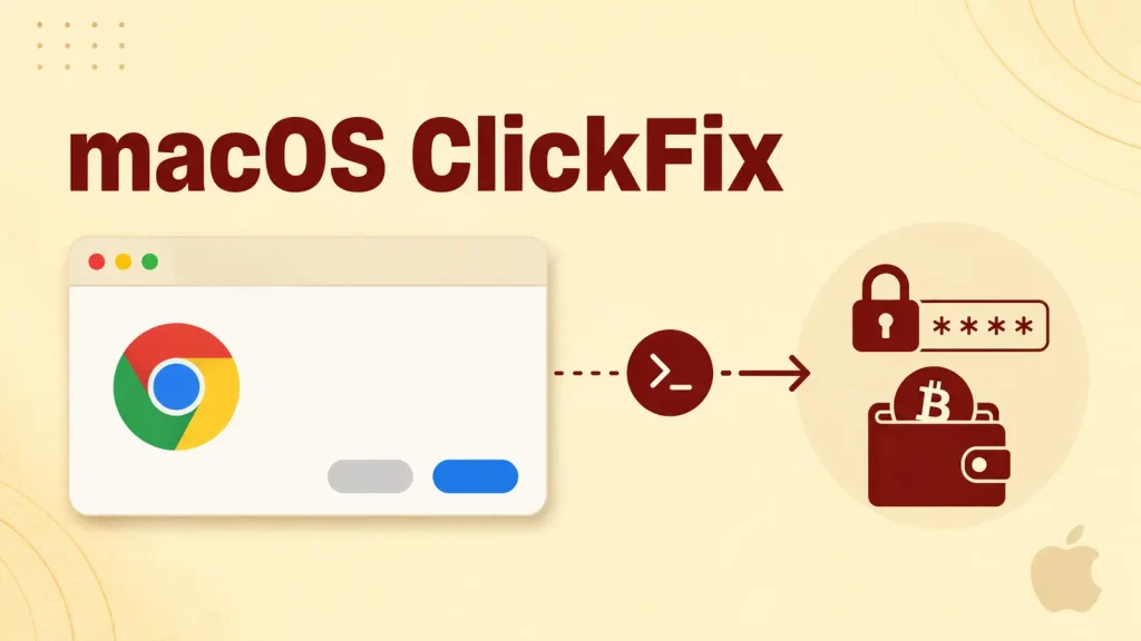 macOS-ClickFix-Attack-Deploys-Atomic-Stealer-to-Steal-Passwords-and-Crypto-Wallets-1024×576 A graphic showing a Chrome browser window, an arrow pointing to a wallet with a lock, password, and bitcoin icons, representing security or vulnerability in macOS ClickFix.