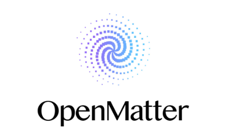 open matter network call Logo with a spiral pattern of purple and blue dots above the text OpenMatter in black on a white background.