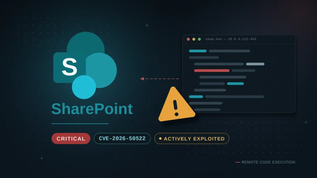 SharePoint security alert: CVE-2026-59522, marked critical and actively exploited, with icons of code, warning triangle, and remote code execution indicator.